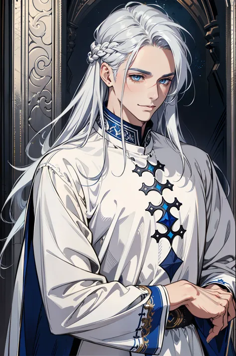 1 male, beautiful male body, tall man, muscles, cute face,smile face, (Very long silver hair, Hair color silver, street hairstyle) , (silver color eyes), realistic eyes, beautiful eyes), Priests clothes, (He wore a priest in white with some blue details, w...