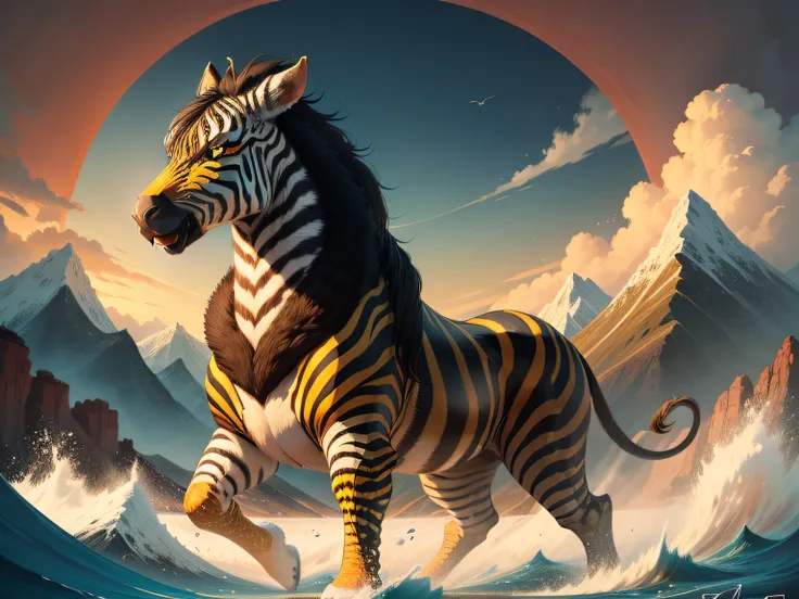 tmasterpiece，High Picture Quality, Dynamic cartoon style, Inspired by the Classic of Mountains and Seas，Chinese mythology and stories, Beast image, high saturated, Yellow zebra pattern, White head, Red tail。