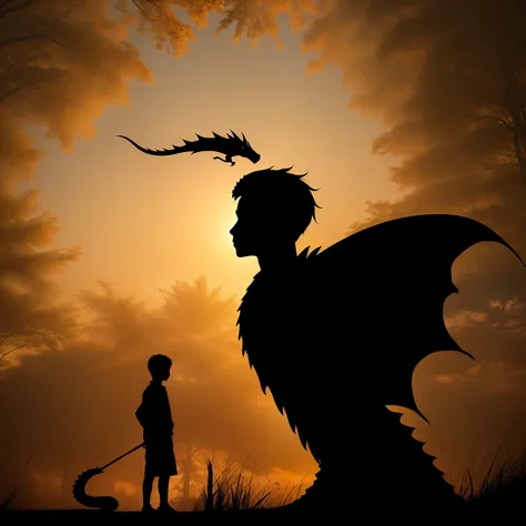 A silhouette of a boy with a dragon