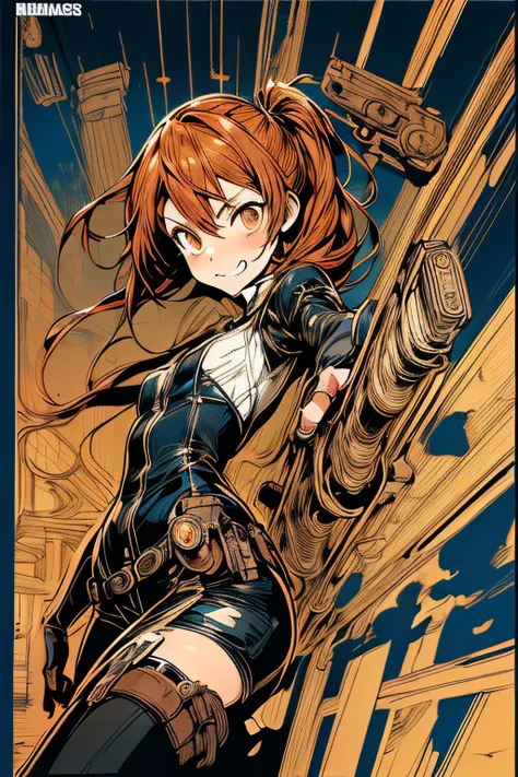 (comic book style),(linear art_Anime),(masutepiece, Best Quality, ),(Laura Bad Picture:1.2),(Lora Add Details:1.2),Highly detailed flat color work in 8K,1 girl in,steampunc、machinery background