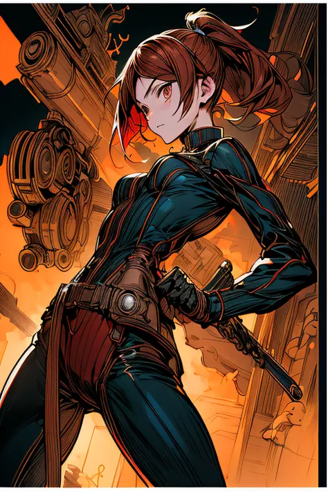 (comic book style),(linear art_Anime),(masutepiece, Best Quality, ),(Laura Bad Picture:1.2),(Lora Add Details:1.2),Highly detailed flat color work in 8K,1 girl in,steampunc、machinery background