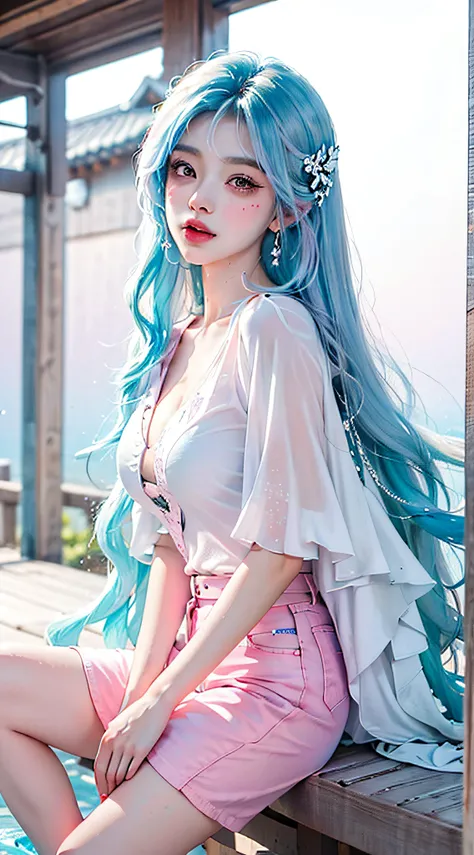 （tmasterpiece、best qualtiy、A high resolution），white backgrounid，Acrylic paints，（（splash of color，Splash ink、Color splattering）），Sweet Chinese girl，light blue long hair，[light blues|Pink big breasts]the hair，curlies，glitters，Pink lips，White color blouse，fro...