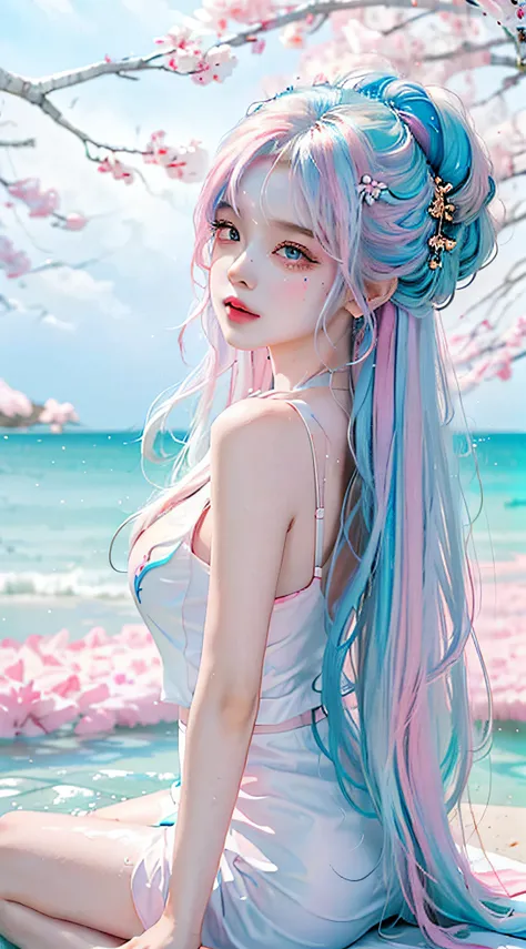 （tmasterpiece、best qualtiy、A high resolution），white backgrounid，Acrylic paints，（（splash of color，Splash ink、Color splattering）），Sweet Chinese girl，light blue long hair，[light blues|Pink big breasts]the hair，curlies，glitters，Pink lips，White color blouse，fro...