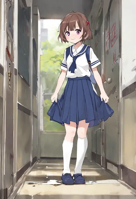 top-quality, Hi-Res, ((((((Girl In School Corridor)))))), 独奏, ((((((School uniforms with paint)))))), (((((Skirt with a little paint))))), (((((Brown hair))))), sockes, serafuku, Purple pupils, neckerchief, sailor collar, pleatedskirt, (((Shorthair))), a b...