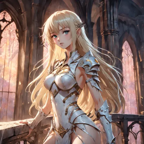 beautiful slender young long-haired with bangs blonde woman in tattered white fantasy armor with exposed chest, castle interior, UHD, elven fantasy, micro details, soft light, photorealistic, proportional, hyper details