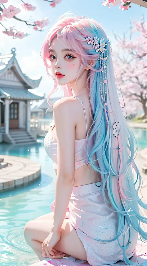 （tmasterpiece、best qualtiy、A high resolution），white backgrounid，Acrylic paints，（（splash of color，Splash ink、Color splattering）），Sweet Chinese girl，light blue long hair，[light blues|Pink big breasts]the hair，curlies，glitters，Pink lips，White color blouse，fro...