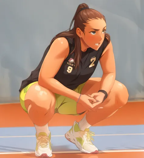 arafed female volleyball player crouching down on the court