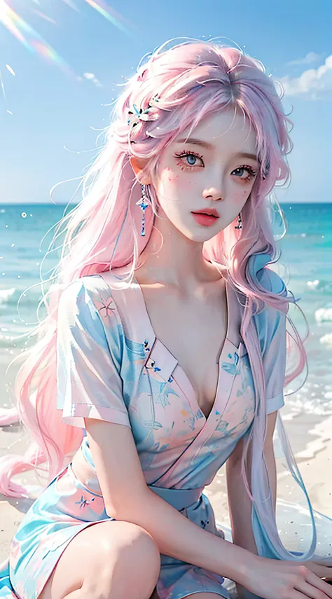 （tmasterpiece、best qualtiy、A high resolution），white backgrounid，Acrylic paints，（（splash of color，Splash ink、Color splattering）），Sweet Chinese girl，light blue long hair，[light blues|Pink big breasts]the hair，curlies，glitters，Pink lips，White color blouse，fro...