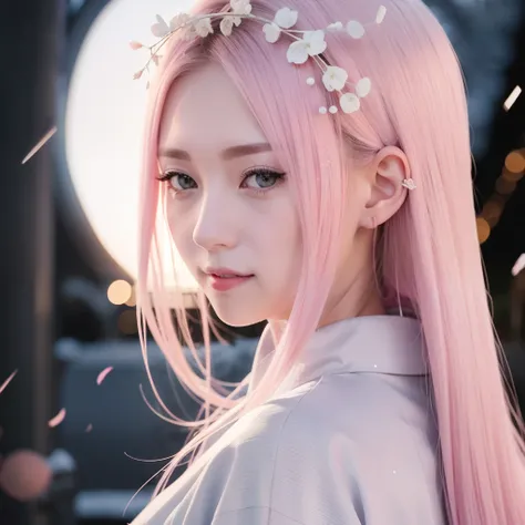 Sakura uchiha. A woman was standing outside in the snow. He appeared to be wearing a silver colored kimono. He looked back. With a smile. Her skin was as white as falling snow. Her hair is pink and unlaced. She looks so graceful and realistic