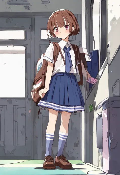 top-quality, Hi-Res, ((((((Girl In School Corridor)))))), 独奏, ((((((School uniform with a little paint)))))), (((((Skirt with a little paint))))), (((((Brown hair))))), sockes, serafuku, Purple pupils, neckerchief, sailor collar, pleatedskirt, white sock, ...