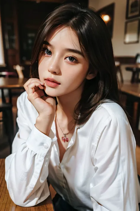 (best quality, complex details: 1.2) ,a girl ,solo, ( looking at viewer),pure red womens long sleeves collared shirt ,necklace,(denim short),long hair,hand coffee in the coffee house,many people,realistic,ultra-detailed,photorelistic,detailed face,aqua eye...