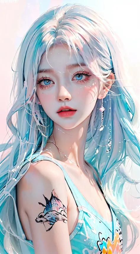 (Masterpiece, Best Quality, High Resolution), White Background, Acrylic Paint, ((Color Splash, Splash of Ink, Color Splash)), Sweet Chinese Girl, Long Light Blue Hair, [Light Blue|Pink] Hair, Curly Hair, Glitter, Peach Lips, White Shirt, Front, Upper Body