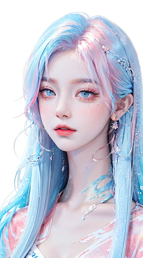 (Masterpiece, Best Quality, High Resolution), White Background, Acrylic Paint, ((Color Splash, Splash of Ink, Color Splash)), Sweet Chinese Girl, Long Light Blue Hair, [Light Blue|Pink] Hair, Curly Hair, Glitter, Peach Lips, White Shirt, Front, Upper Body