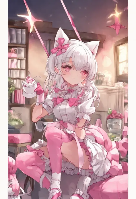 A girl with pink cat ears, a cat tail, glasses, long silver hair, a bell collar, a pink and white maid outfit, and white stockings