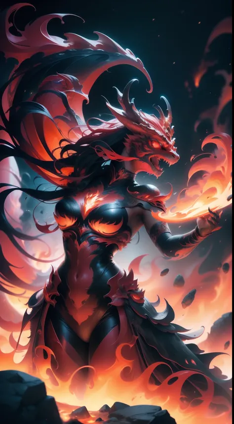 In the heart of a raging volcano, A spectacular spectacle unfolds. A majestic red dragon emerged from the fiery depths, Its scales shimmer with intense heat. The dragons wings spread, Cast shadows on the lava below. Its eyes, Glows like embers, exude a sen...