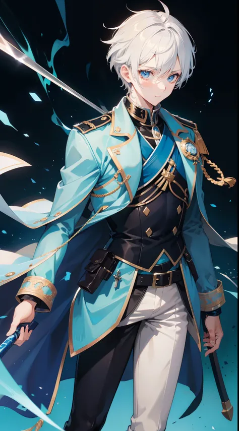 Grown-up guy, short white hair, eyes with blue color, Blue leather coat, belts, circuits, breeches, two swords, Masterpiece, hiquality