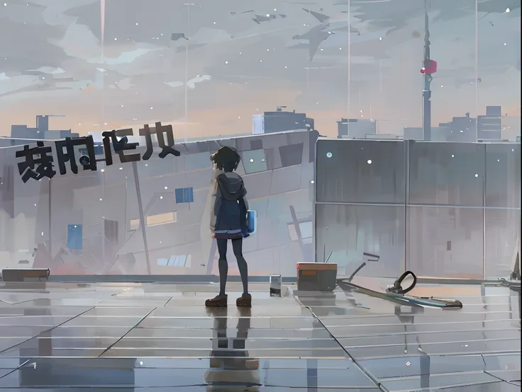 anime girl standing in front of the window，the background is a city, in the style of makoto shinkai, inspired by makoto shinkai,...