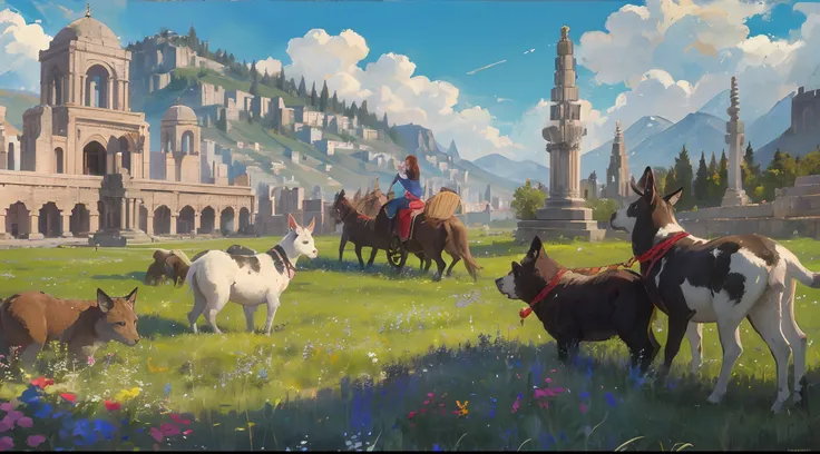 Fantastic Realism, (Masterpiece) Between the beautiful beds and the hills. A city rich in fencing, Full of animals and meadows, beautiful city of stone huge temples, giant obelisks.