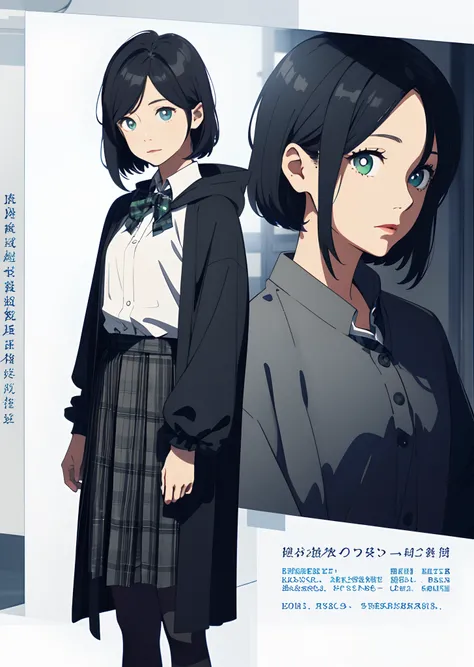 A girl about ten years old。Neat short black hair、The pupil color is blue-green、Neutral face，She was dressed under a black cloak, wearing a white blouse and a plaid skirt。