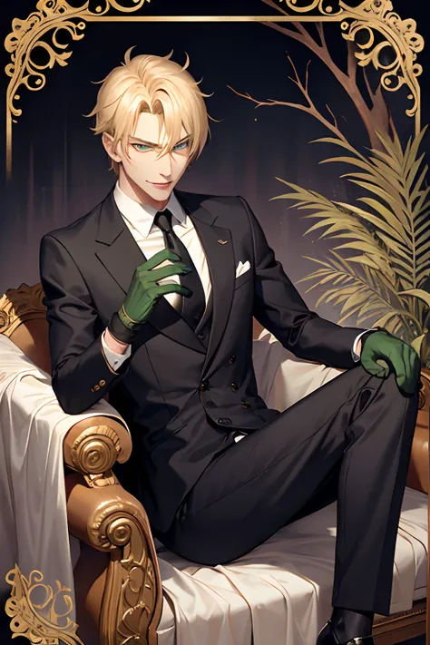 Male with blond hair, evil green  eyes, evil smile, manipulative, evil, handsome, wearing suit and  gloves, colorful, monarchy