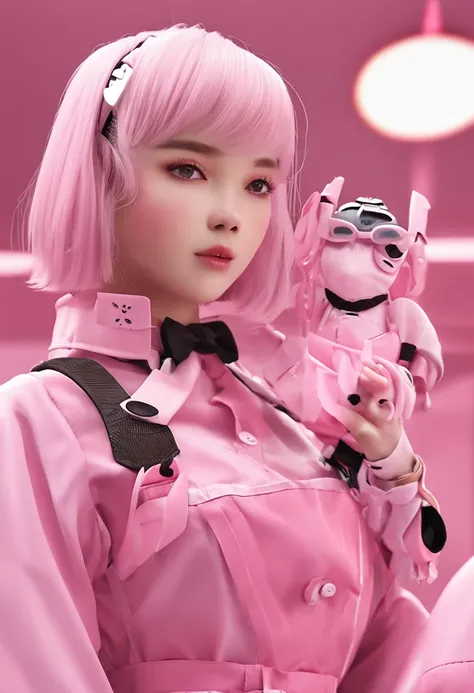 pink shorthair、Because of the bangs on the left eye、I cant see my left eye when viewed from the front.、a baby face、Wearing a well-balanced face maid outfit、