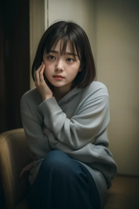 Torn lonely crying girl with short dark hair，Spread over her pale cheeks。Her eyes shone with tears of sadness，There is a faint red tide on his cheeks。Her lips trembled slightly，It conveys inner pain。She wore a shabby gray sweatshirt，There are several yello...