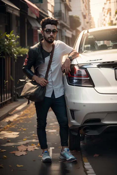 Cute boy Renatomendees sapatos pretos, tesla modelo S preto no fundo, arm crossed, cinemactic, Hiperdetalhes, hyper realistic, Realistic, 4k, Capturado com uma Canon EOS R6, RF 85mm f/1.Lente 2L, Abertura f/2.8, ISO 400 Certification, Velocidade do obturad...