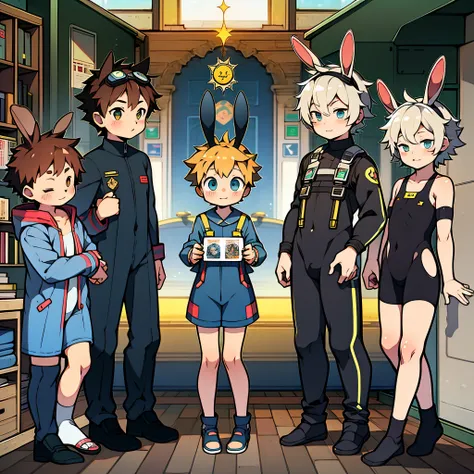 Two-dimensional cartoon boy Shota wears a one-piece suit，fully body photo，Protective goggles，adolable，Beth，Rabbit ears and rabbit tail，Manteau，are standing，hostel