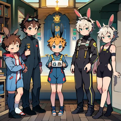 Two-dimensional cartoon boy Shota wears a one-piece suit，fully body photo，Protective goggles，adolable，Beth，Rabbit ears and rabbit tail，Manteau，are standing，hostel