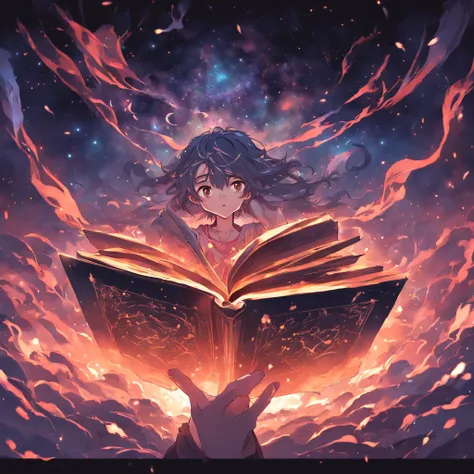 no body, no person, magic book, night sky