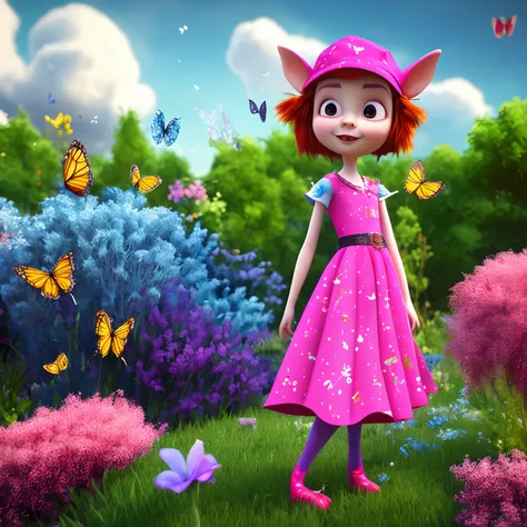 My neighbor is a pixie punk with a shaved head and a black eye, she is wearing a beatiful red dress and pixie punk style, she is dancing like a trill, beatiful light, flowers, butterflies in background, dark clouds, she is wearing a pink and blue hat and p...