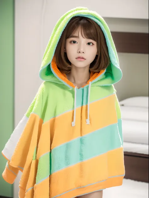 the Extremely Detailed CG Unity 8K Wallpapers、top-quality、ultra-detailliert、​masterpiece、studio shoot、Full body portrait、(Light Orange and Pale Green Multicolor Fluffy Towel Fabric Hoodie:1.4), realisitic、Behind the photo、large full breasts、realisitic、Phot...