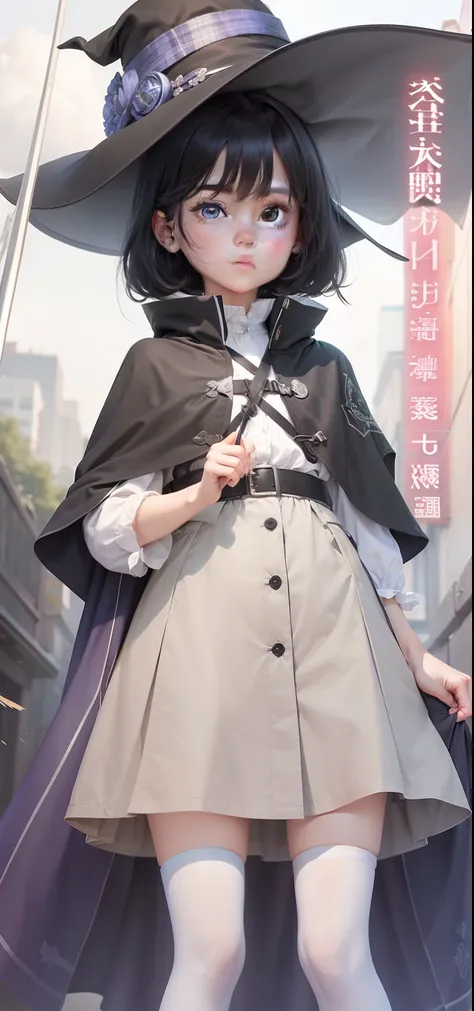 A girl of about ten years old。Neat short black hair、The pupil color is blue-green、neutral face，She wears a black cloak, Wear a white shirt and plaid skirt。