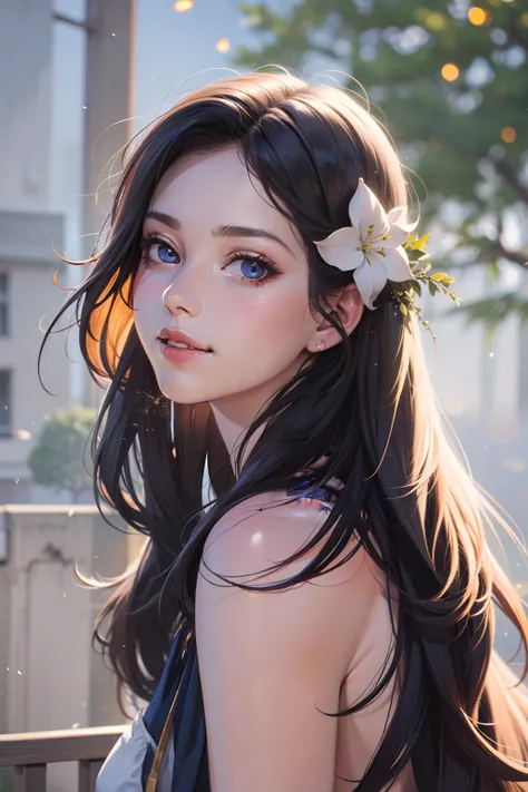 1girl,herry blossoms, 1girl, tree, solo, aurora, fireworks, long_hair, fireflies, light_particles, pine_tree, snowflake_background, milky_way, aerial_fireworks, headdress, arms behind body, blue_eyes, smile, face focus,photorealistic:1.4 detailed face,deta...