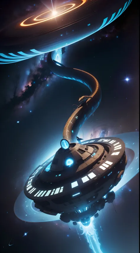 An awe-inspiring spaceship resemling a snake or worm, soaring through the vast cosmos, emitting a mesmerizing mirroring glow, surrounded by swirling stardust and shining stars.