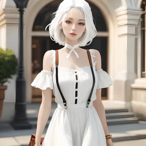 The white hair and white dress suspenders are stunning