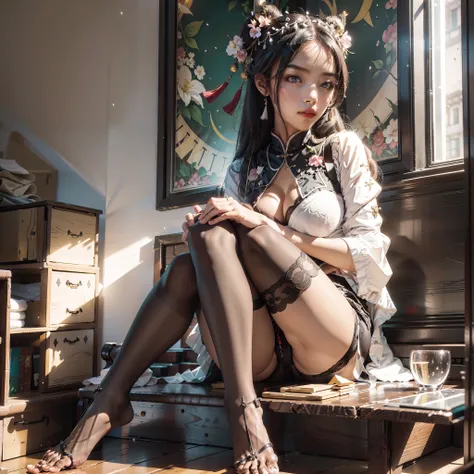 black lence stockings，Look up，It can be seen through the toes，Behind is a seated Chinese beauty