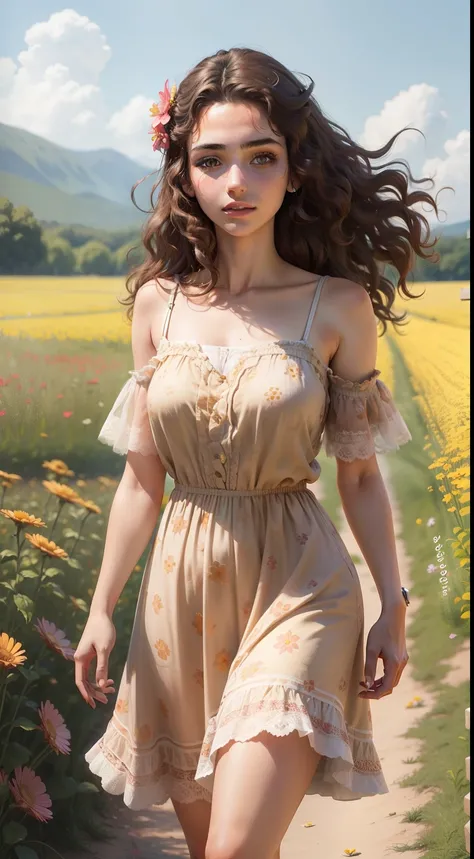 20 year old Balkan girl with brown curly hair and brown eyes in a short flowery summer dress walking through a field of flowers (realistic: 1.3)