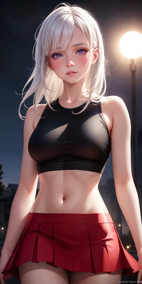 realistic, 1girl, white hair, purple eyes, glowing eyes, crop top, skirt, parted lips, blush, night, flowers, sun, sunlight,