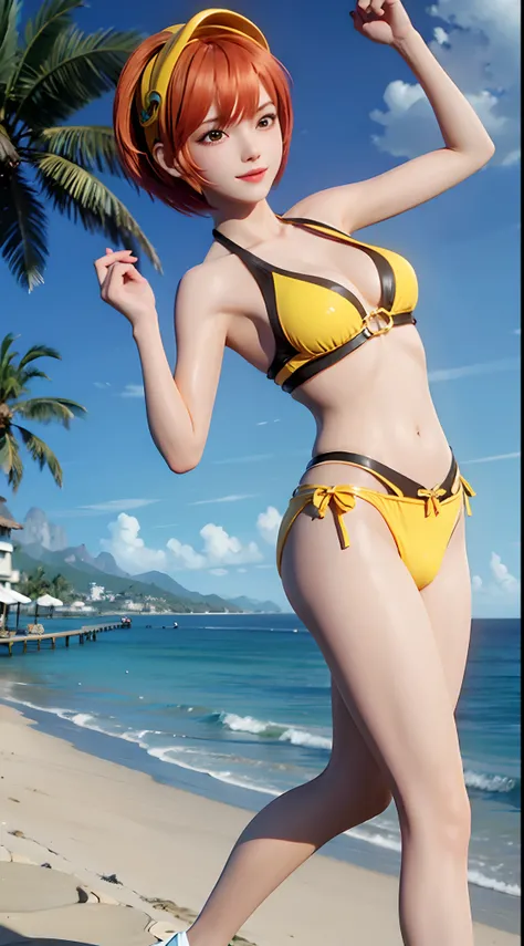 A girl, Orange hair，Short hair，ocean water, beach, (Yellow bikini: 1.6), palm tree, Coconut Tree, Solo,