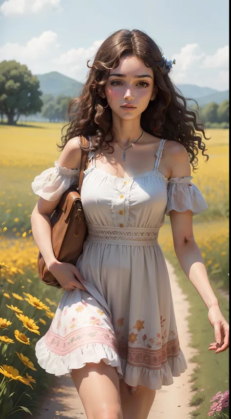 20 year old Balkan girl with brown curly hair and brown eyes in a short flowery summer dress walking through a field of flowers (realistic: 1.3)