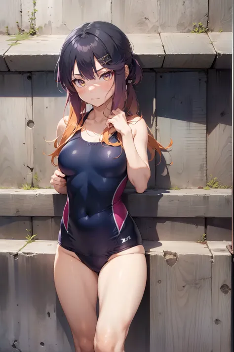 tsushima (kancolle),purple hair,orange hair,gradient hair,multicolored hair,sidelocks,purple eyes,yellow eyes,(disdain:1.5),(disgust:1.5),blush,standing, right hand on chest,((masterpiece)),((best quality)),((high resolution)), ((ultra-detailed)),old style...