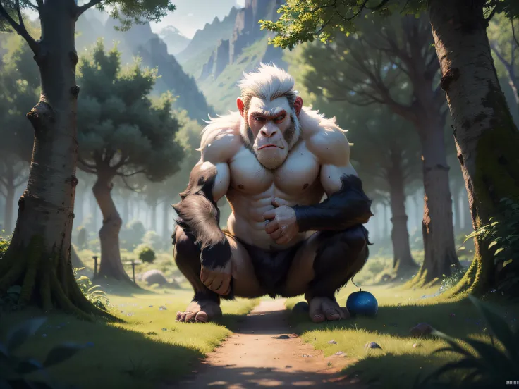 tmasterpiece，CG animation in 8K resolution，absurd res，A white-haired ape in a tree，Green mountains，Fruit trees and woods，Transparent crystal，and golds，