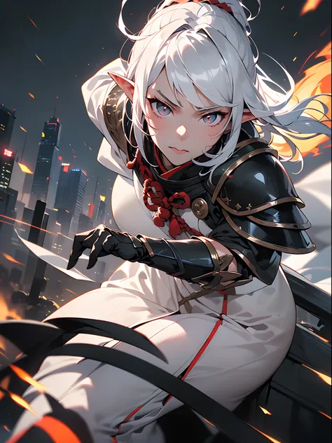 ((jpn)),((Best Quality)),((Beautifully painted)),((hight resolution)),1girl in,(((Beautiful Elven Daughter))),(((onmyouji))),(((suikan))),((White cloak with red decoration)),Luminescent bushy silver-haired ponytail,Shining eyes,(((black gauntlet and glove)...