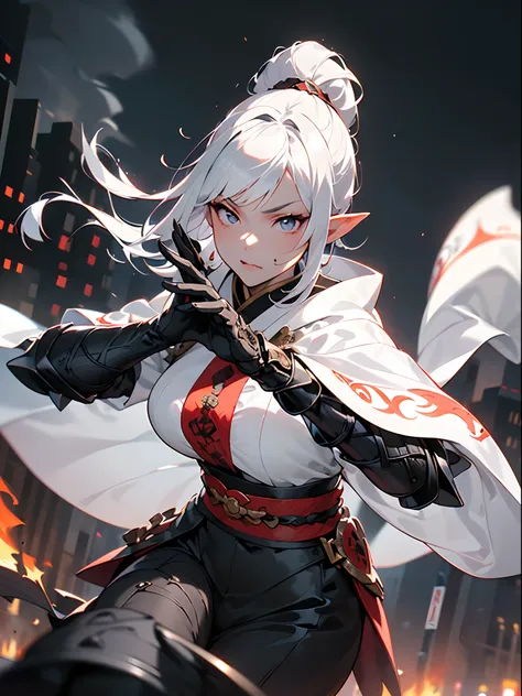 ((jpn)),((Best Quality)),((Beautifully painted)),((hight resolution)),1girl in,(((Beautiful Elven Daughter))),(((onmyouji))),(((suikan))),((White cloak with red decoration)),Luminescent bushy silver-haired ponytail,Shining eyes,(((black gauntlet and glove)...