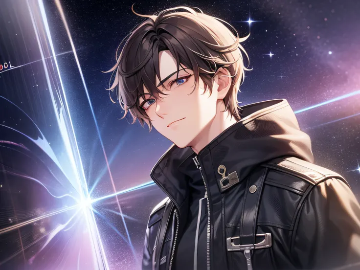 High image quality Best image quality Detailed depiction Cool composition Stunning design Modern The night sky is full of stars, and the mans eyes shine beautifully, reflecting the light of the stars. A faint smile appears on the mans lips