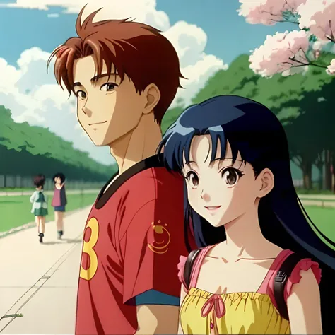 Pure first love，Boys and girls，Smiling Asian，Spring-Summer Background９0s style anime retro