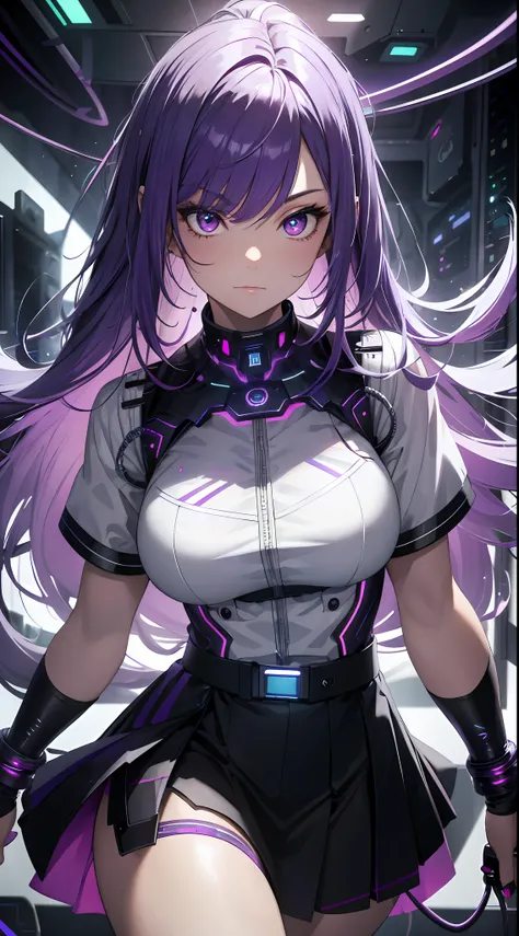 ((masterpiece)),(best quality),(detailed),(1girl), purple glowing hair, purple glowing eyes, wavey hair, white shirt, black skirt, android, datastream, cables, wires, charging, digital chains, large breasts, staring at viewer , breasts close up