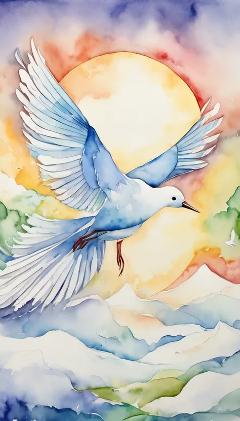 A gentle and beautiful rainbow bird rests on a white cloud, folding its wings, folding its wings, folding its wings, with kites, rainbows, and overlapping scenery and spaces, creating a dynamic and layered effect. Simple lines, light colors, and minimalist...