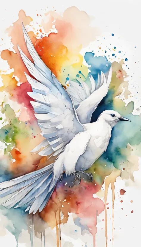 A gentle and beautiful rainbow bird rests on a white cloud, folding its wings, folding its wings, folding its wings, with kites, rainbows, and overlapping scenery and spaces, creating a dynamic and layered effect. Simple lines, light colors, and minimalist...